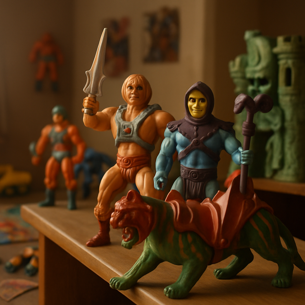 Iconic Masters of the Universe toys including He-Man, Skeletor, and Battle Cat
